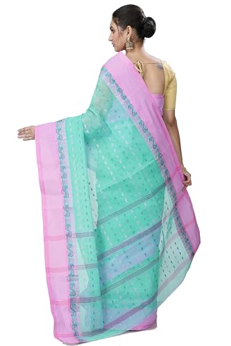 OISHANI SAREE GHOR Women's Traditional Bengal Tant Handloom Pure Cotton Saree (Sky Pink) - Image 3