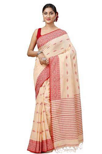 OISHANI SAREE GHOR Women's Traditional Bengal Cotton Handloom Saree With Blouse Peice (Muga)
