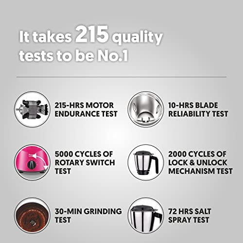 Preethi Plastic Galaxy Mg225 Mixer Grinder, 750 Watt, Pink, 3 Jars, Vega W5 Motor with 5Yr Warranty & Lifelong Free Service, 750 Watt - Image 3