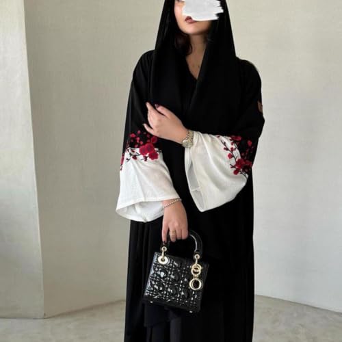 Women's Black Embroidered Burqa, Floral Design free size suitable up to 65kg body weight - Image 3