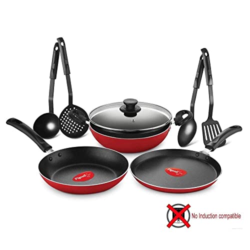 Pigeon by Stovekraft Mio Nonstick Aluminium Cookware Gift Set, Includes Nonstick Flat Tawa, Nonstick Fry Pan, Kitchen Tool Set, Kadai with Glass Lid, 8 Pieces Non-Induction Base Kitchen Set - Red - Image 5
