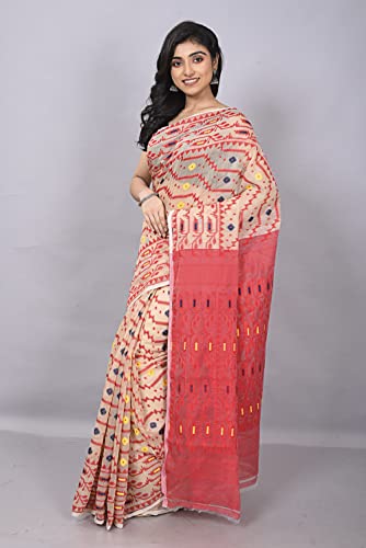 OISHANI SAREE GHOR Women's Traditional Bengal Cotton Resham Nakshi Design Jamdani Saree (Beige Red) - Image 6
