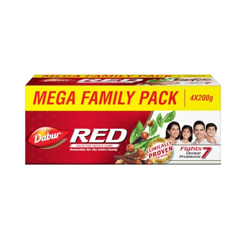 Dabur Red Toothpaste - 800g(200gx4) |Fluoride Free | Helps In Bad Breath Treatment, Cavity Protection, Plaque Removal | For Whole Mouth Health | Power Of 13 Potent Ayurvedic Herbs