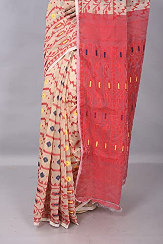 OISHANI SAREE GHOR Women's Traditional Bengal Cotton Resham Nakshi Design Jamdani Saree (Beige Red) - Image 3