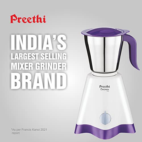 Preethi Crown Pro MG-254 Mixer grinder, 600 watt, White/Purple, 3 Jars with 5yr Motor Warranty & Lifelong Free Service - Image 7