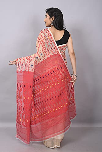 OISHANI SAREE GHOR Women's Traditional Bengal Cotton Resham Nakshi Design Jamdani Saree (Beige Red) - Image 5