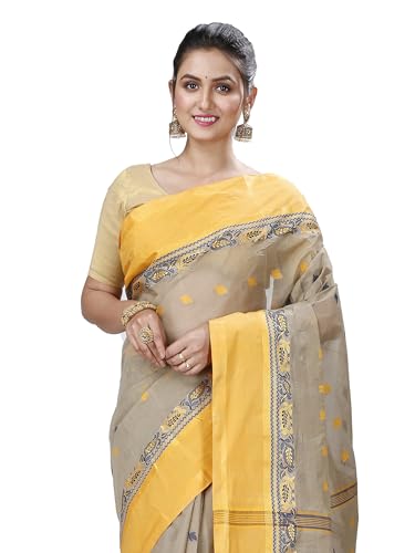 OISHANI SAREE GHOR Women's Traditional Bengal Tant Handloom Pure Cotton Saree (Beige Yellow) - Image 2