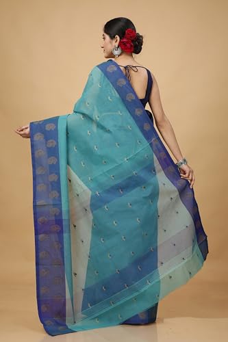 OISHANI SAREE GHOR Women's Traditional Bengal Cotton Handloom Saree. (Turquoise Blue) - Image 5