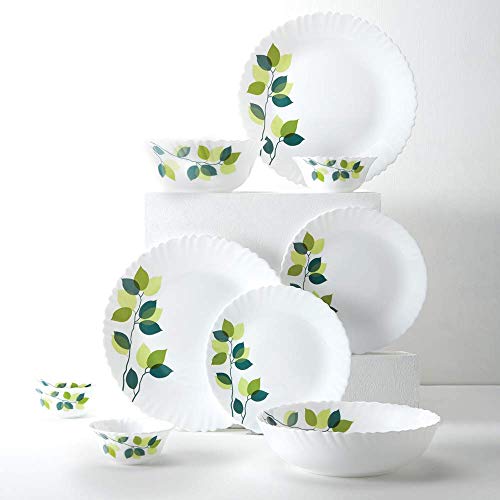Larah by Borosil Green Leaves Silk Series Opalware Dinner Set | 35 Pieces for Family of 6 | Microwave & Dishwasher Safe | Bone-Ash Free | Crockery Set for Dining & Gifting | Plates & Bowls | White - Image 2