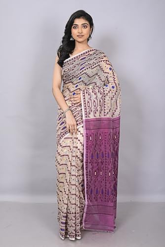 OISHANI SAREE GHOR Women's Traditional Bengal Cotton Resham Nakshi Design Jamdani Saree (Magenda) - Image 3