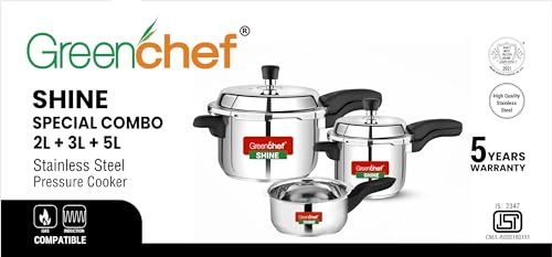 Greenchef Shine Stainless steel pressure cooker combo outer lid(5ltrs+3ltrs+2ltrs pan) - Induction compatible - Image 4
