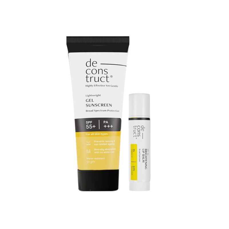 Deconstruct Glow Guard Duo | Brightening Lip Balm (4g) + Gel Sunscreen (50 g) | Lip Balm- For Dark, Pigmented, Dry, Flaky Lips | Brightens Pigmented Lips | Gel Sunscreen- SPF 50+ Gel based sunscreen for all skin types | Pack of 2