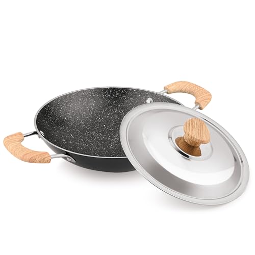 Bergner Bellini Plus Aura 5-Layer Non-Stick 20 cm Appachetty with Stainless Steel Lid, Wooden Finish Soft Touch Handle, Even Heat Distribution, PFOA Free, Gas Stove Compatible - Black - Image 8