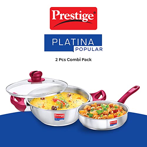Prestige Stainless Steel Platina Popular Gas Compatible Fry Pan, 24 Cm (2.25 L) + Platina Popular Kadai with Glass Lid, 24 Cm (2.8 L) Kitchen Set - Image 3