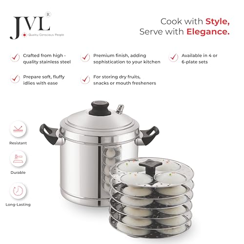 JVL Stainless Steel Idli Cooker Gas & Induction Compatible Idly, Dhoklas, Idiyappam, Momo Steamer (Stainless Steel, 4 Plates) - Image 4