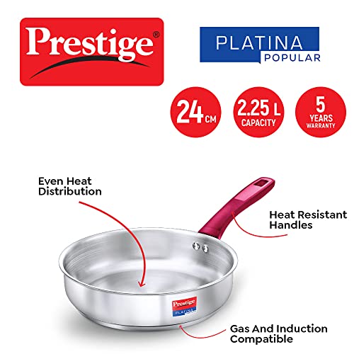 Prestige Stainless Steel Platina Popular Gas Compatible Fry Pan, 24 Cm (2.25 L) + Platina Popular Kadai with Glass Lid, 24 Cm (2.8 L) Kitchen Set - Image 7