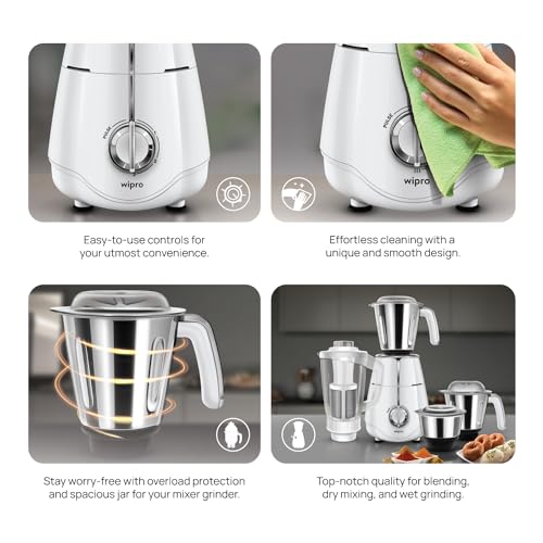 Wipro Elato FMG207 1000 Watt Mixer Grinder with 4 Jars(Wet Grinding Jar (1.5 L) + Dry Grinding Jar (1.2 L) + Chutney Jar (0.5 L) + Juicer (1.2 L)), 100% Copper Motor, 5 Years Motor Warranty,White - Image 6