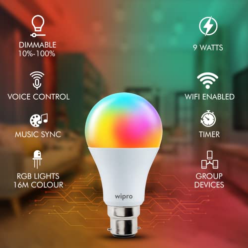 Wipro 9W B22D WiFi LED Smart Bulb with Music Sync Function, Compatible with Amazon Alexa and Google Assistant (16M Colours, Warm White/Neutral White/White + Dimmable) Pack of 1 - Image 6