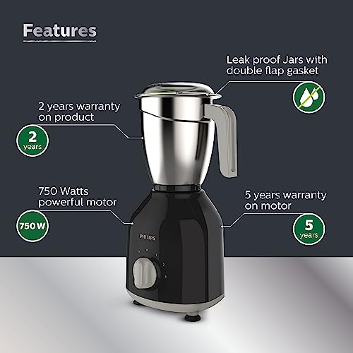 Philips HL7756/01 Mixer Grinder 750 Watt, 3 Stainless Steel Multipurpose Jars with 3 Speed Control and Pulse function (Black) - Image 8
