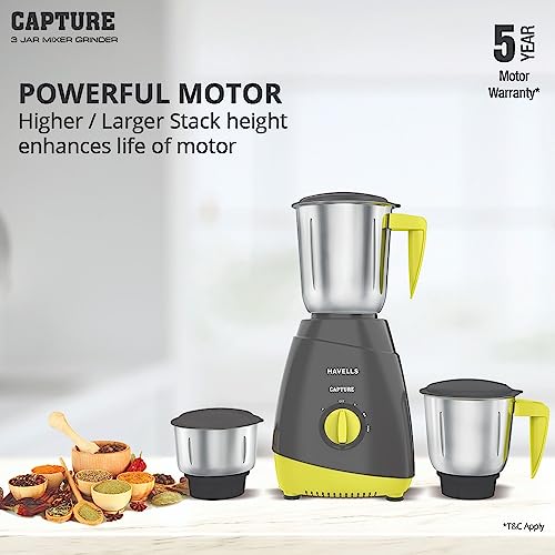 Havells Capture 500W 3 Jar Mixer Grinder, High Speed 21000 RPM Motor, 304 SS Blades, 5 Years Motor Warranty with Overload Protector, 1.5 Ltr Bigger Size Blending Jar I (Grey & Green) - Image 7