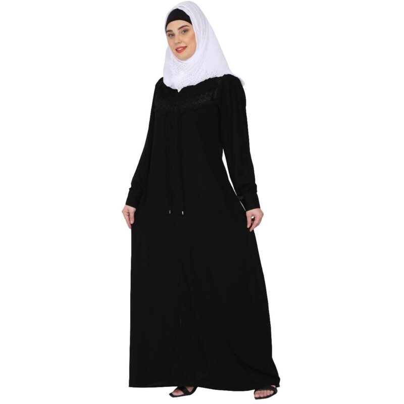 BT - Being Traditional Women’s Front Open Pleated Abaya in Nida Matte Fabric with Lace Work & Zipper Closure (2XL, Black) - Image 2