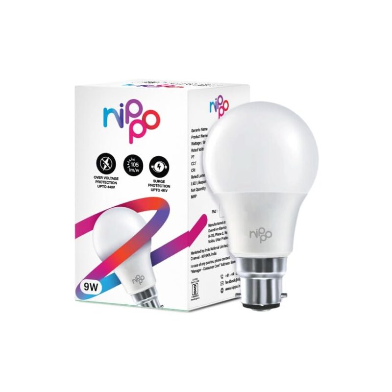NIPPO 9W LED Bulb (2 Pack) Base 22, Cool Day Light, 1 Year Warranty, Voltage Surge Protection, High Energy Savings