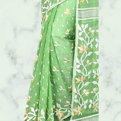 OISHANI SAREE GHOR Women's Traditional Bengal Silk Dhakai Jamdani Green Saree, (OSG_Green_109) - Image 2