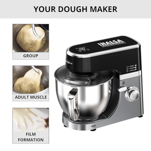 INALSA Stand Mixer 1300W With Digital Preset Option| Pure Copper Motor| 5.3L SS Bowl|Metal Gears for Extra Durability |Accessories Included|Dishwasher Safe | Flour Kneading (Esperto Lx) - Image 4