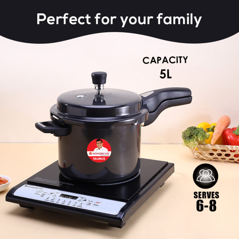 Taurus Hard Anodized 5L Outer Lid Pressure Cooker, SS Lid, Soft Touch Handles for Durability, Induction Friendly, Black, 5 year warranty, ISI Certified - Image 5