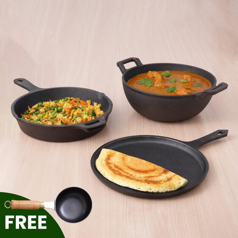 CASTrong Cast Iron Cookware Set: Free ₹110 Spatula +Tawa+Kadai+Frypan,Kitchen set for Home, Pre-seasoned,100% Pure,Induction - Image 14