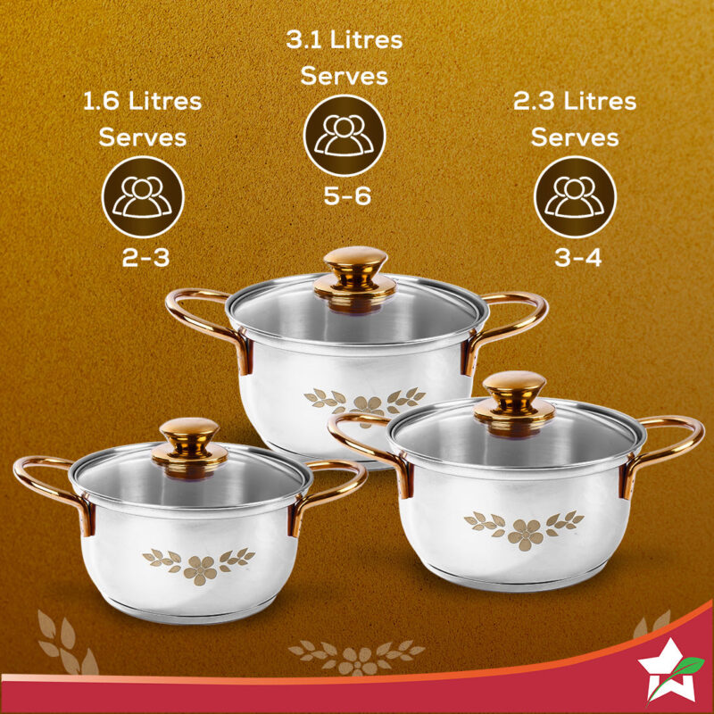Wonderchef Renewed Gold Stanton Stainless Steel 3 piece Casserole Set with Glass Lid | Golden knobs and handles | Induction & Gas Stove friendly | Set of 3 (1.6L, 2.3L, 3.1L) | 1 Year Warranty - Image 3