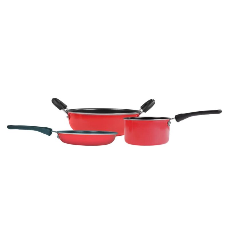 Little Samson Bachelor Non-stick Cookware Set, 3Pc (Wok, Sauce Pan, Fry Pan), Induction Friendly, Soft Touch Handle, Steel, 2 Years Warranty, Red - Image 7