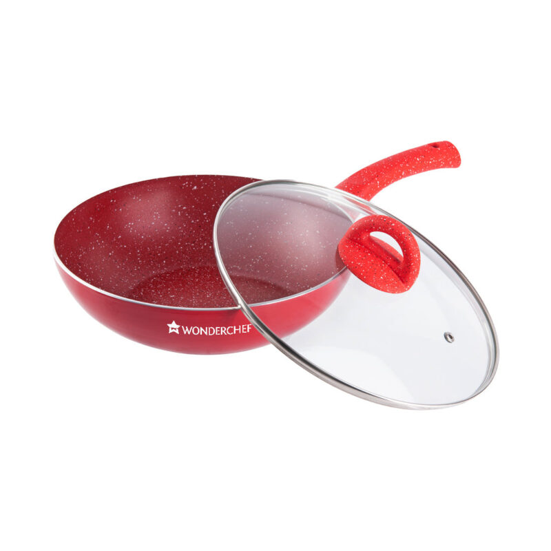 Granite Aluminium Non-stick Wok With Glass Lid, 24cm, 2.7L, 3.5mm, Red, Compatible On Hot Plate, Hobs, Gas Stove, Ceramic Plate And Induction, 2 Years Warranty - Image 5