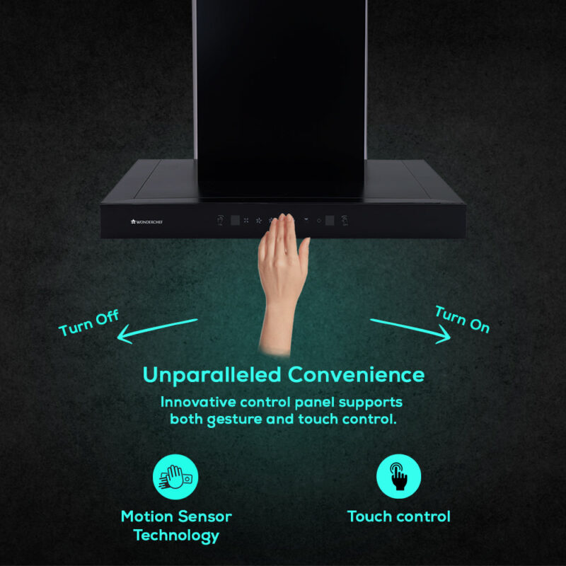 Ultima D-Lite| 90cm |1400 m3/hr| Auto Clean Curved Glass Chimney | Baffle Filter | Powerful Suction | Touch Control| 3 Speed Motion Sensor Control | Low Noise | 7 Year Warranty | Black - Image 3