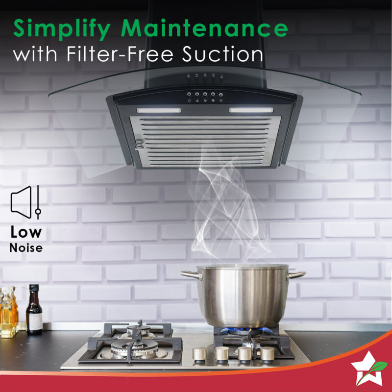 Power Curve Wall-Mount Chimney| 1000M3/H | Suction Capacity| 3 Speed Push Control| Low Noise| 60cms |Baffle Filter| Black - Image 3
