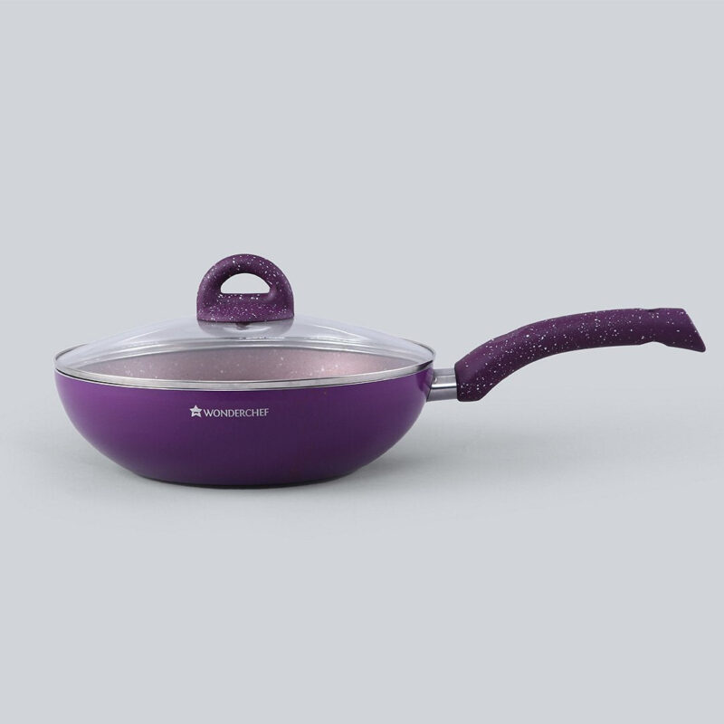 Granite Non-Stick Wok | Glass Lid | Induction Bottom | Soft-Touch Handles | Virgin Aluminium | PFOA and Heavy Metals Free | 3.5mm Thick| 24cm, 2.7 litres | 2 Year Warranty | Purple - Image 8