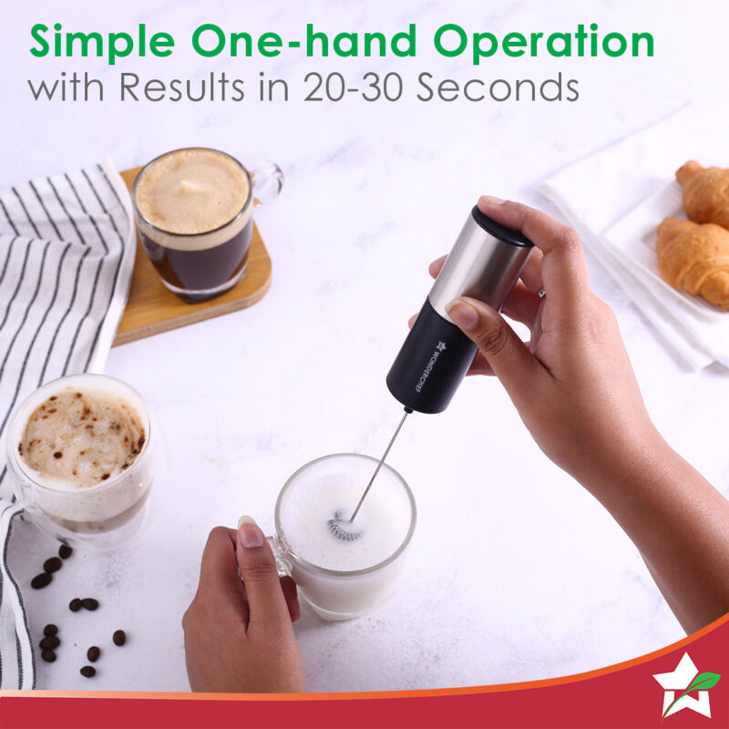 Wonderchef Regalia Milk Frother | Rich and Creamy Froth in Seconds | Stainless Steel Body & Whisk | AA Battery Operated | Blend Lassi, Cold Coffee, Gym Shakes, Whipped Cream | Easy to Clean | Black - Image 3