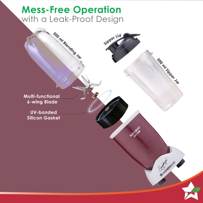 Nutri-blend Activ Mixer Grinder Blender, Smoothie Maker, 500W 22000 RPM 100% Full Copper Motor, 2 Unbreakable BPA Free Jars, SS Blades, 2 Year Warranty, Recipe book by Chef Sanjeev Kapoor, Red - Image 3