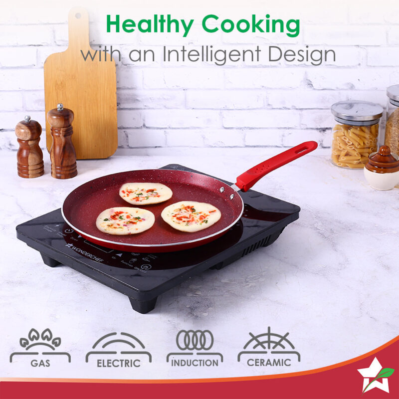 Royal Velvet Non-stick Cookware Set, 5Pc (Fry Pan with Lid, Wok, Dosa Tawa, Mini Fry Pan) Induction bottom, Soft-touch handles, Virgin Grade Aluminium, PFOA/Heavy Metals Free, 3 mm, 2 Years Warranty, Red - Image 3