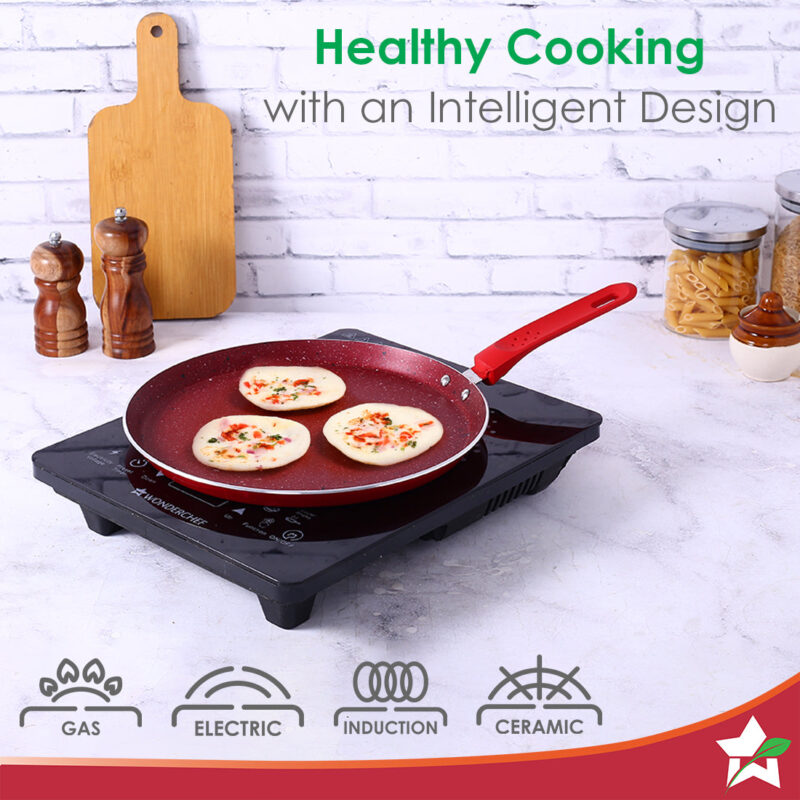 Royal Velvet Non-stick Cookware Set, 4Pc (Fry Pan with Lid, Wok, Dosa Tawa), Induction Bottom, Soft-touch Handles, Virgin Grade Aluminium, PFOA/Heavy Metals Free, 3mm, 2 Years Warranty, Red - Image 3