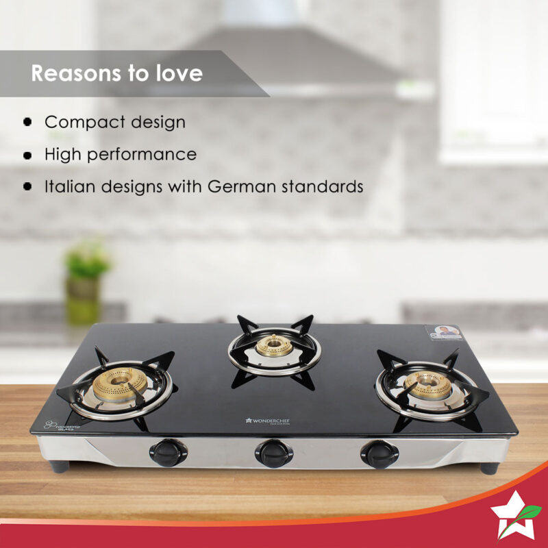 Energy 3 Burner Glass Cooktop, Black 8mm Toughened Glass with 1 Year Warranty, Soft Touch Knobs, Efficient Brass Burners, Stainless Steel Double Drip Tray - Image 2