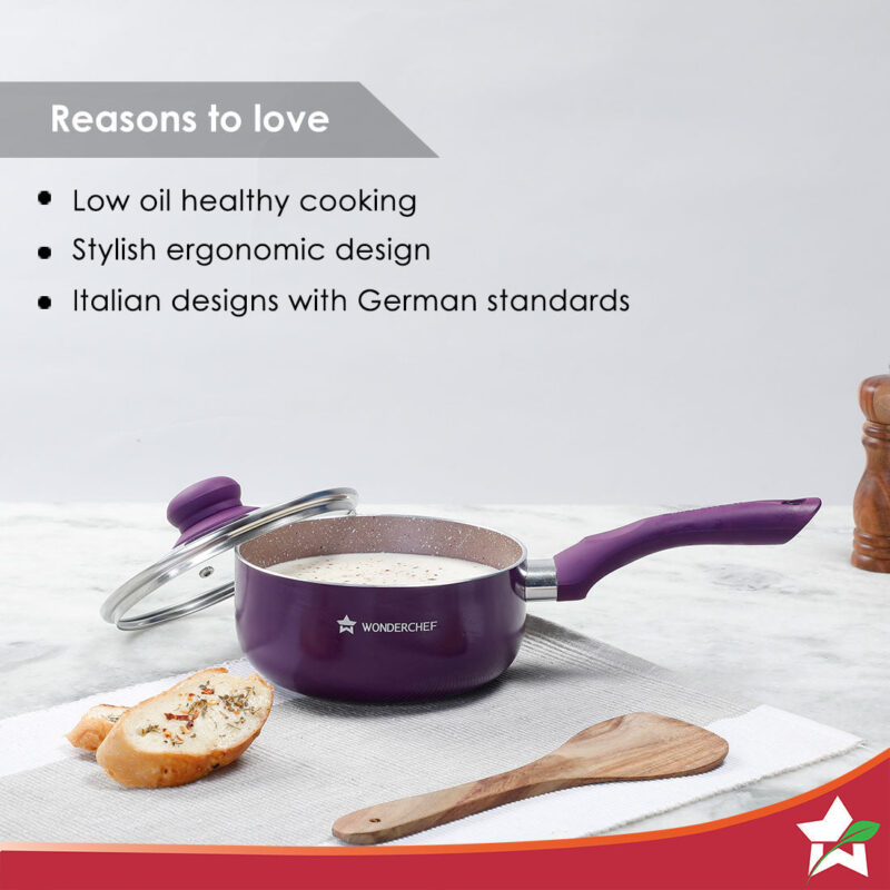 Royal Velvet 18cm Sauce pan with Glass Lid I Induction Ready | Soft-touch handles |Non – Toxic I Virgin Aluminium| 3 mm thick | 2 litres | 2 year warranty | Purple - Image 4