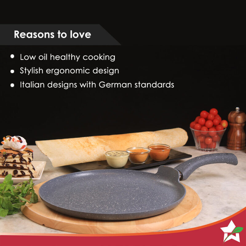 Granite 24cm Non-Stick Dosa Tawa | Induction Bottom | Soft-Touch Handles | Virgin Aluminium | PFOA/Heavy Metals Free | 3.5mm | 2 Year Warranty | Grey - Image 3