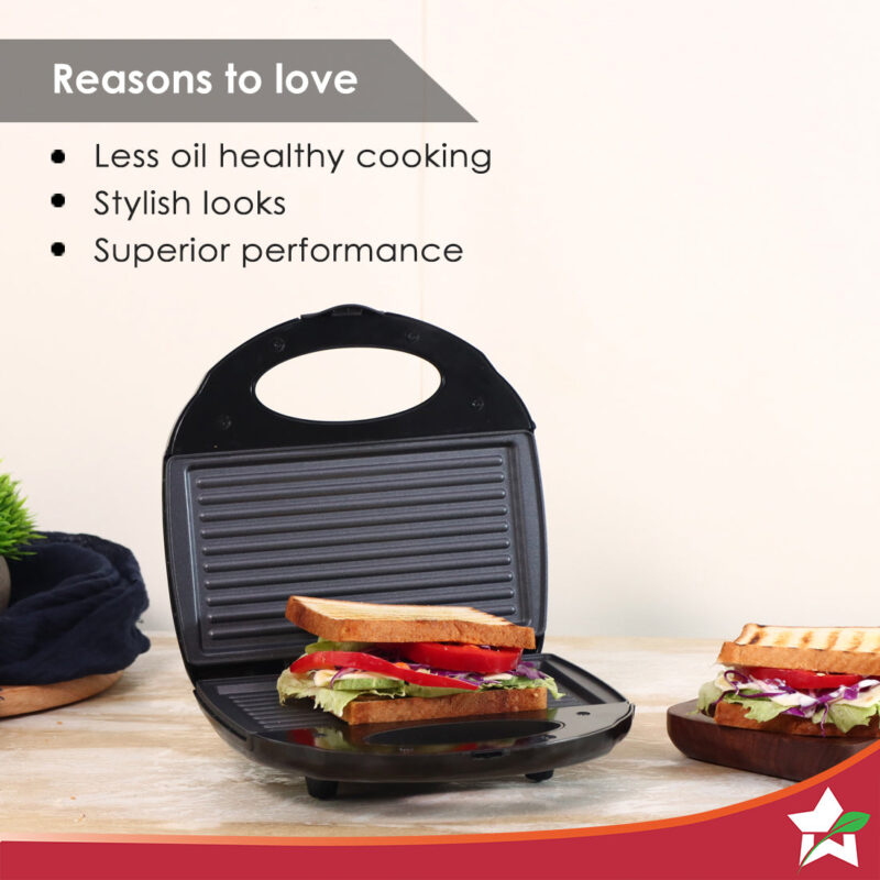 Prato Non-Stick Electric Griller, Sandwich Maker, Toaster |700 Watt| Auto Temp LED indicator| Non-stick Coated Plates, Cool Touch Handle, Buckle Clip Lock| Grill Sandwiches, Bread, Kebabs, Panner Tikki and Quesadilla| | Oil Free Toasting| 1 Year Warranty - Image 3