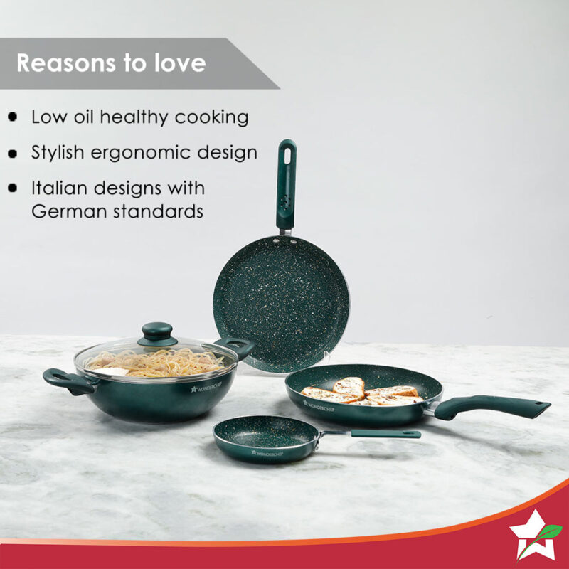 Royal Velvet Non-stick Cookware Set, 5Pc (Fry Pan with Lid, Wok, Dosa Tawa, Mini Fry Pan) Induction bottom, Soft-touch handles, Virgin Grade Aluminium, PFOA/Heavy Metals Free, 2 Years Warranty, Olive Green - Image 3