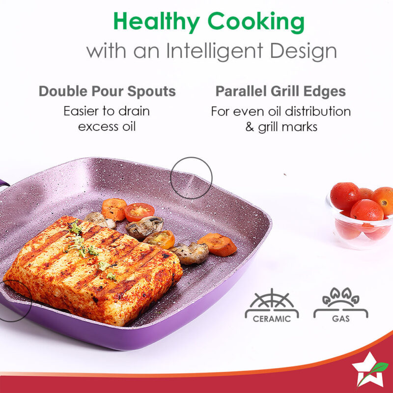 Royal Velvet 20cm Grill Pan | Soft-touch handles |Non – Toxic I Virgin Aluminium| 3 mm thick | 2 year warranty | Purple - Image 3