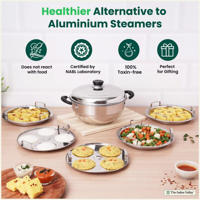 4 Pit Tri-Steel Premium Stainless Steel Idli/ Dhokla/ Momo Maker/ Multi Pot/ Veg Steaming Set, Tri-ply Induction Bottom, 5 Plates, 3L - Image 5