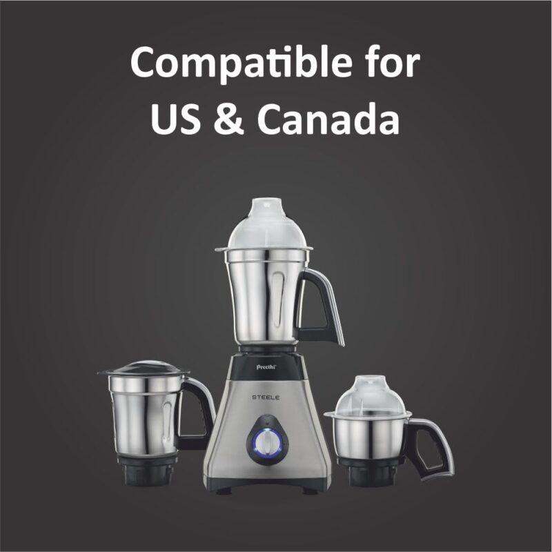 Preethi Steele 110V Mixer Grinder for Kitchen | 3 Jar, 550W Mixie| Perfect for Grinding | Silver/Black (MG 206) - Image 2