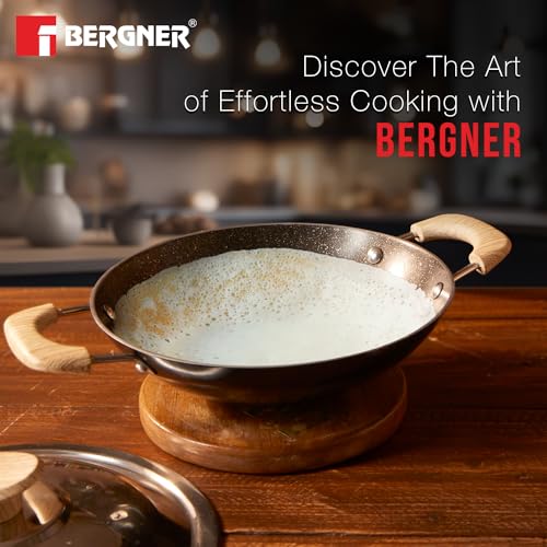 Bergner Bellini Plus Aura 5-Layer Non-Stick 20 cm Appachetty with Stainless Steel Lid, Wooden Finish Soft Touch Handle, Even Heat Distribution, PFOA Free, Gas Stove Compatible - Black - Image 4