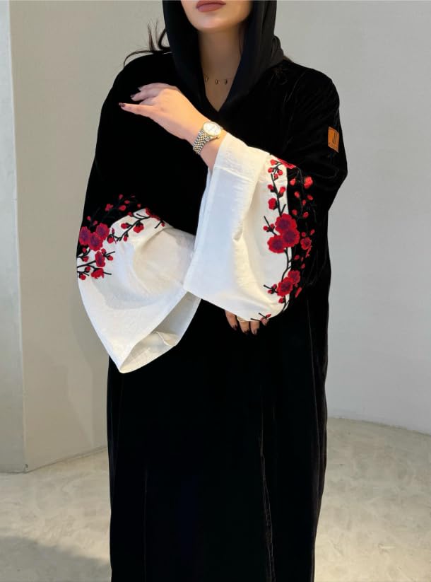 Women's Black Embroidered Burqa, Floral Design free size suitable up to 65kg body weight - Image 5